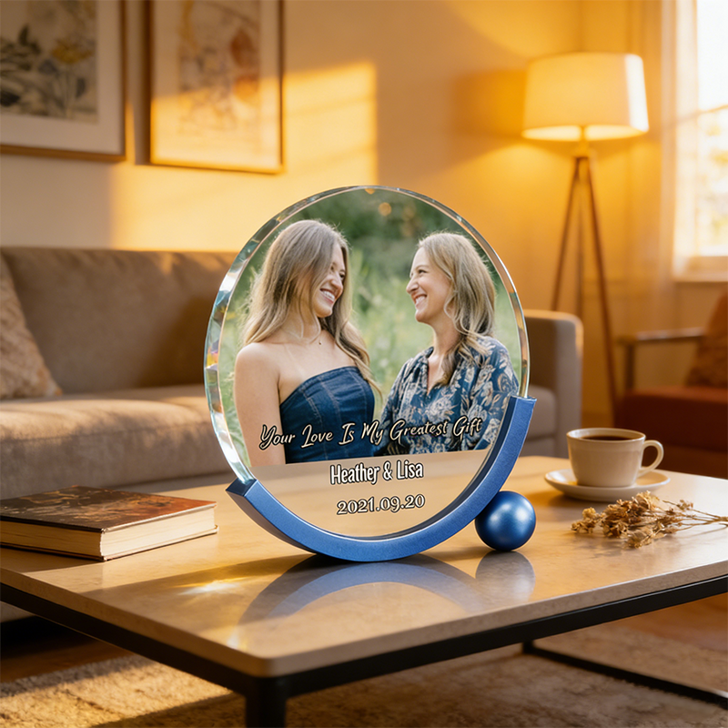 Personalized Crystal Photo Frame — Customizable with a Special Message and Name. A perfect gift for family, friends, and colleagues, suitable for birthdays, graduations, anniversaries, memorials, and Mother's Day.