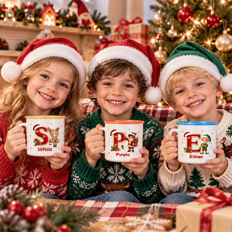Christmas Initial Character Personalized Enamel Mug, Custom Name Coffee Cup for Kids Family Holiday Gift