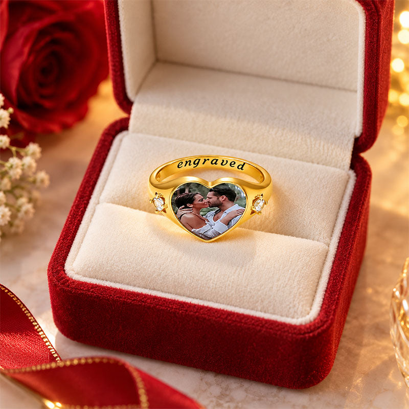 Heart Photo Birthstone Custom Ring, Personalized Engraved Jewelry Gift for Women on Anniversary, Birthday, or Mother's Day
