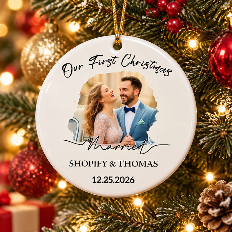 Personalized Photo Ceramic Ornament with Names and Date, Custom First Christmas Gift for Couples