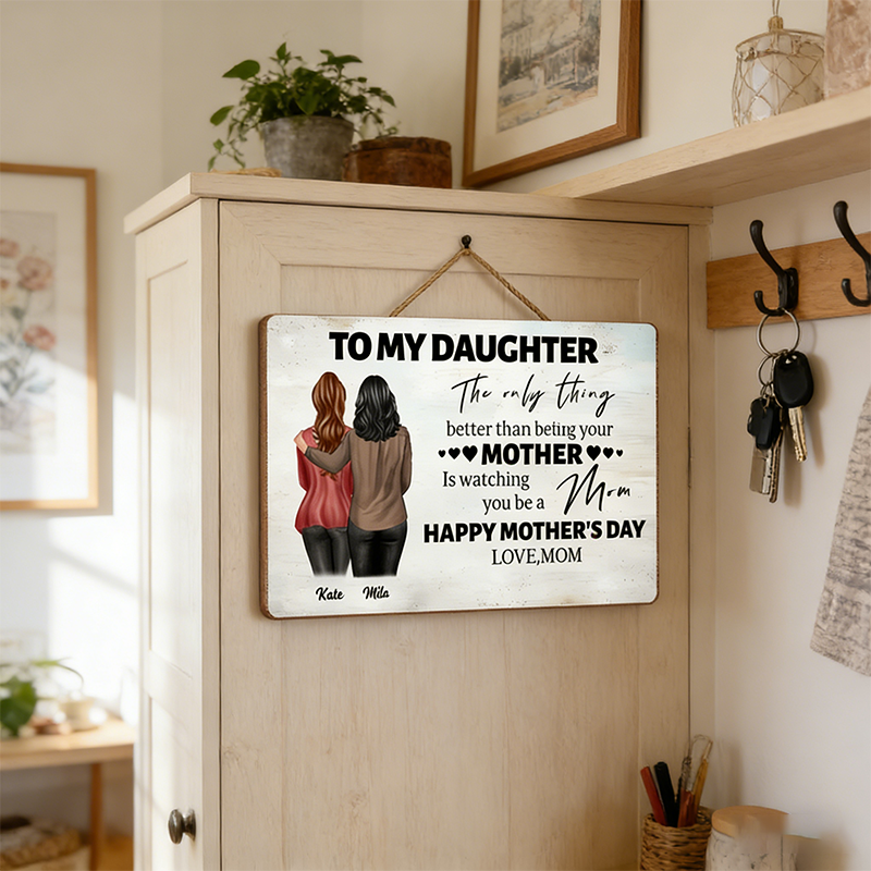 "To My Daughter..." Personalized Wooden Sign — Custom Cartoon Mother-Daughter Design — A Heartwarming Gift for Your Daughter — Wall Hanging Decor