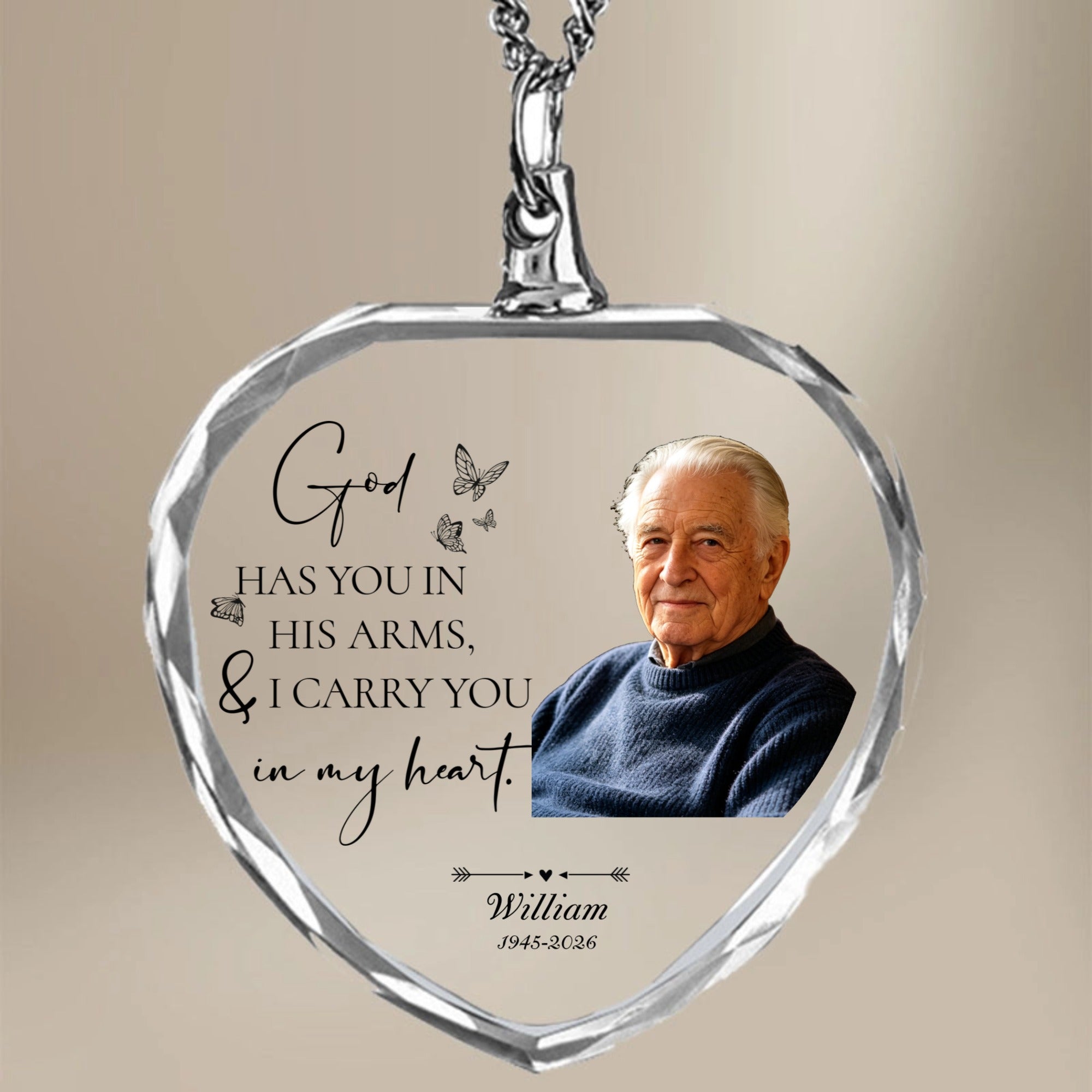 Custom Photo God Has You In His Arms, I Carry You In My Heart Memorial Necklace
