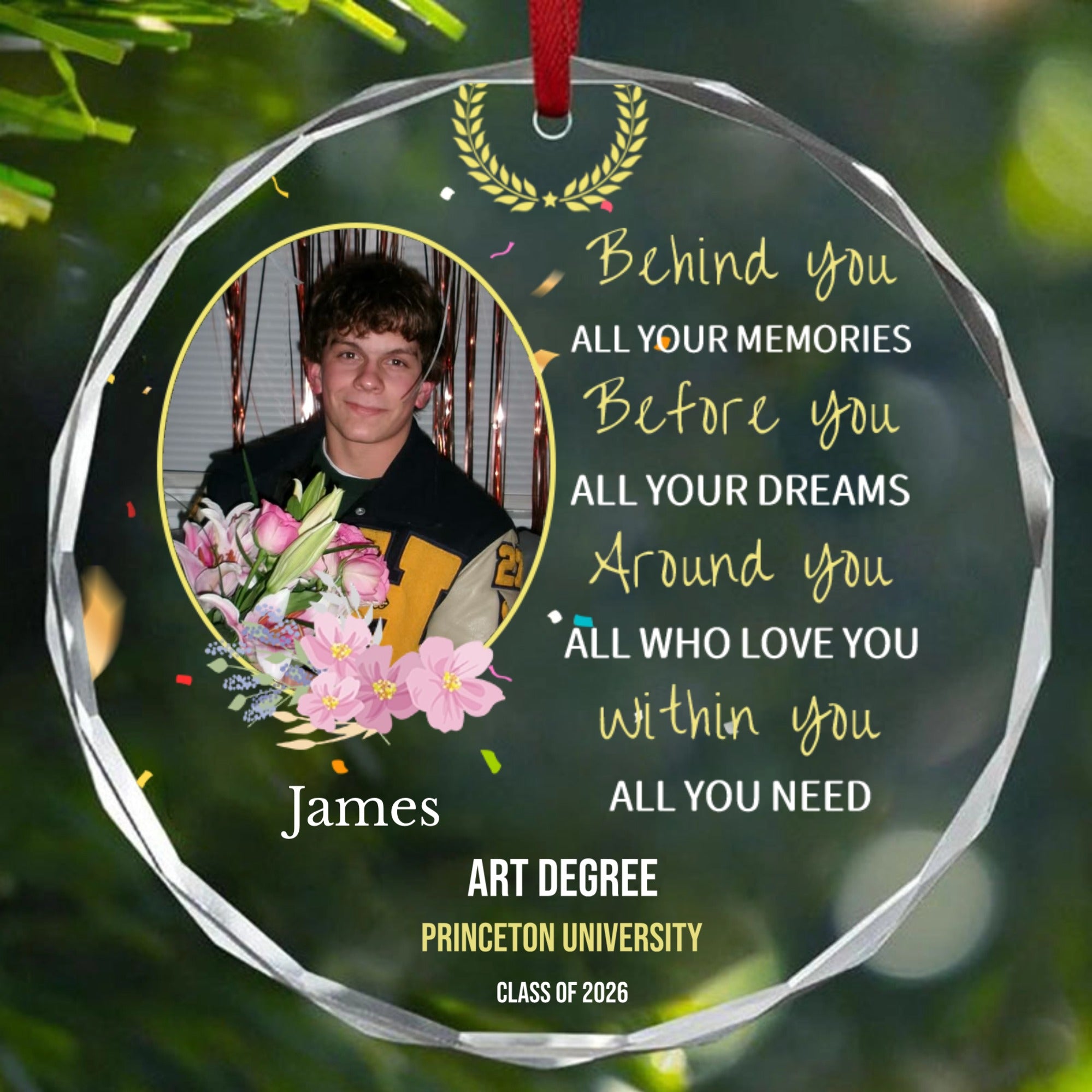 Personalized Round Crystal Glass Ornament – Custom Photo and Message; Ideal Back-to-School Gift for College Freshmen