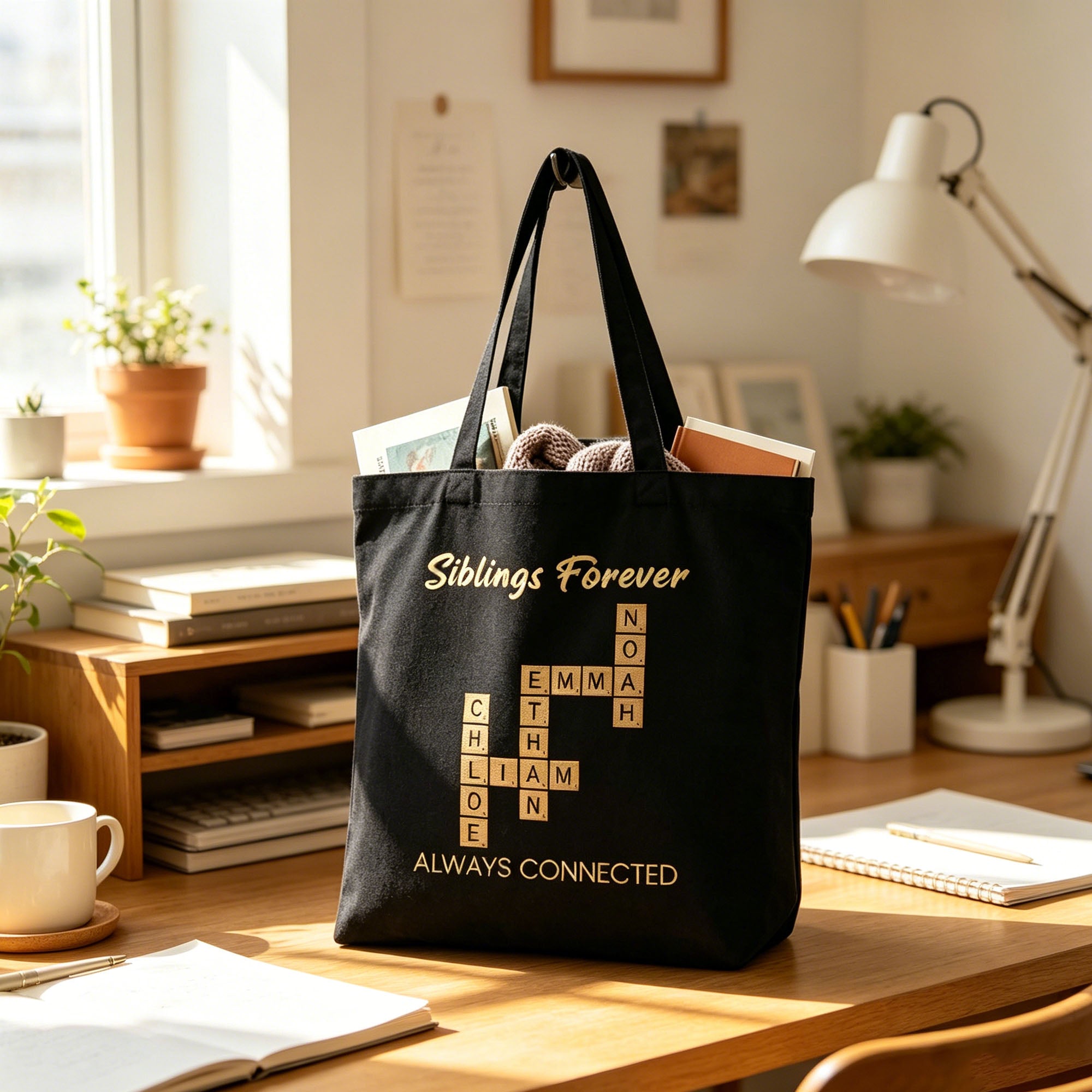 Personalized name puzzle custom canvas bag, as a gift for siblings, suitable for family members to use, very suitable for parties, birthdays and family activities venues