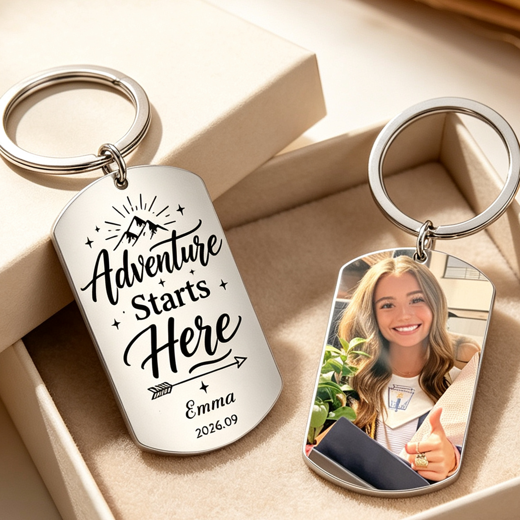 Custom Stainless Steel Keychain, Personalized with Photos & Text "The Adventure Has Begun", Sentimental Back-To-School Gift for New University Students