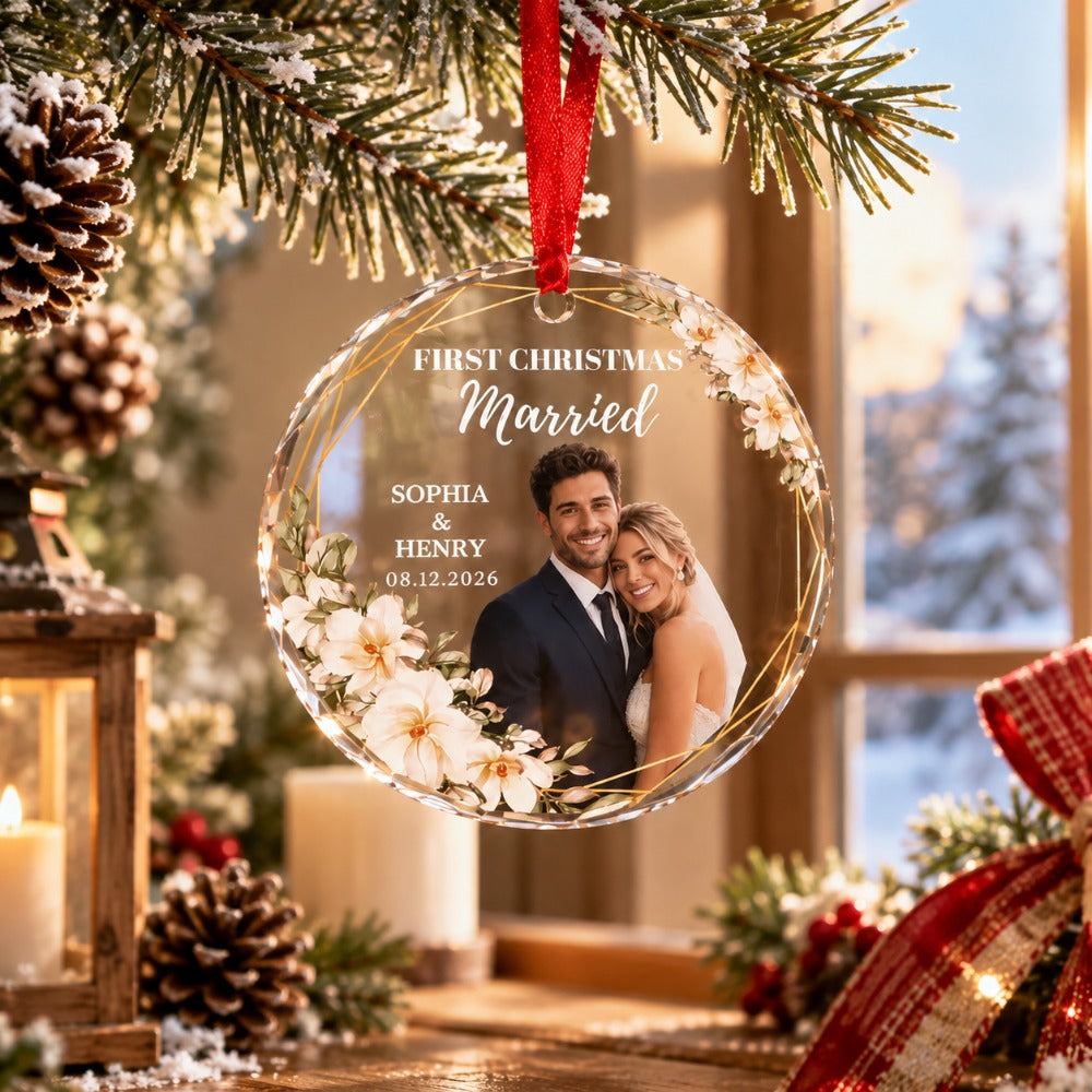 Custom Photo First Christmas Round Glass Ornament - Personalized Anniversary Christmas Wedding Gifts For Couple, Husband, Wife - Wrapped In Love This Christmas
