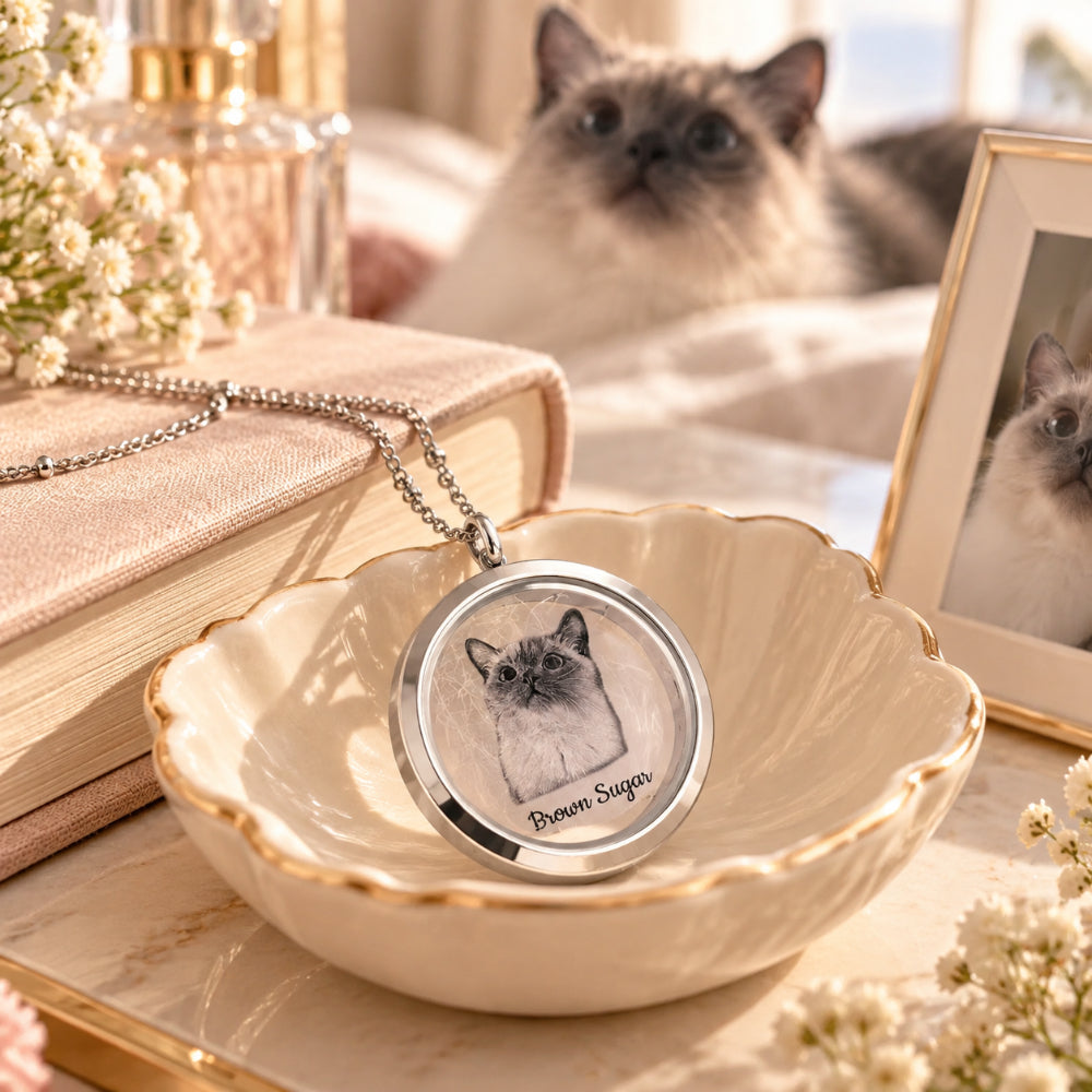 Custom Pet Hair Memorial Necklace with Engraved Portrait | Personalized Fur Keepsake Pendant | Pet Bereavement Gift for Women