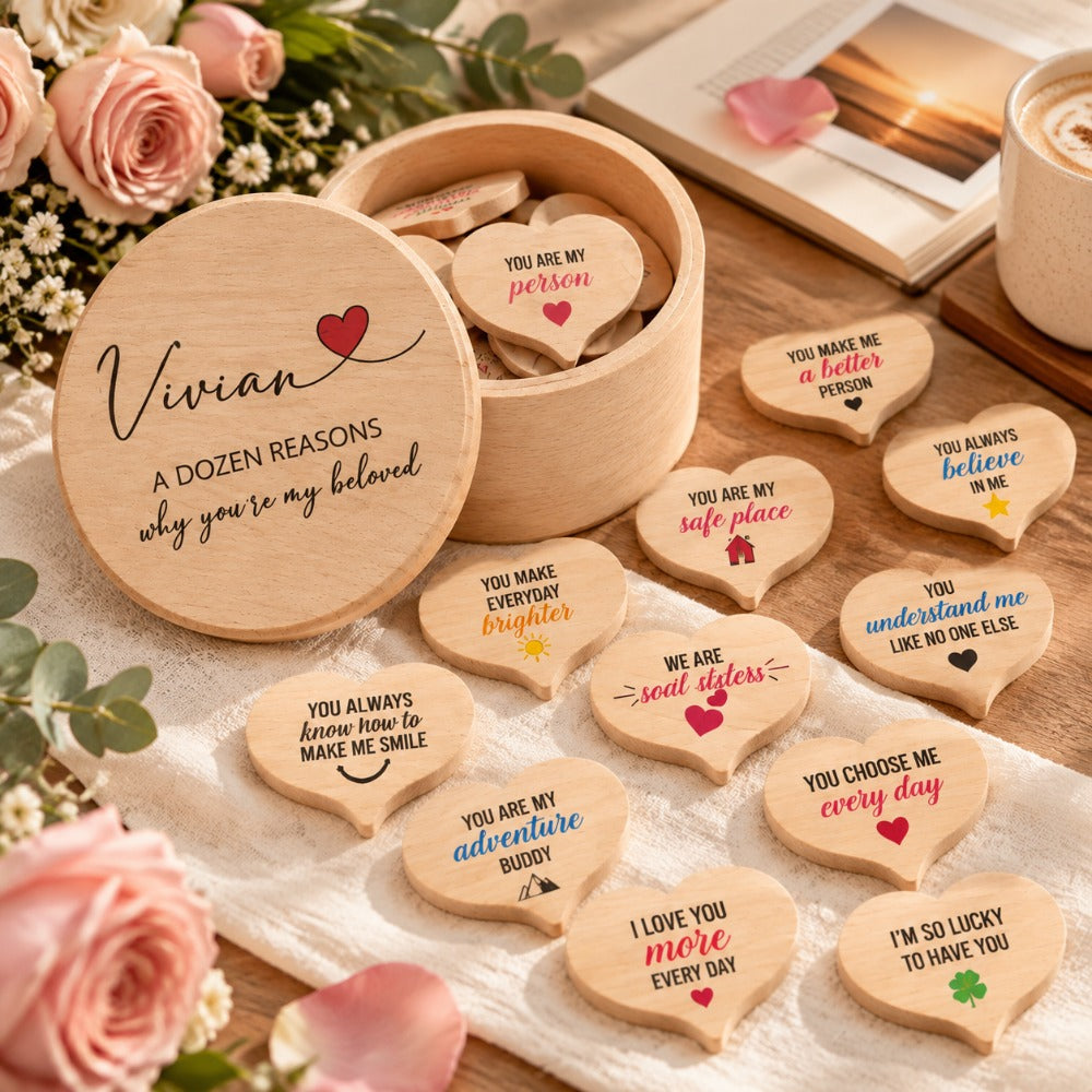 Personalized 12 Reasons Keepsake Box | Custom Wooden Heart Tokens Gift for All Loved Ones