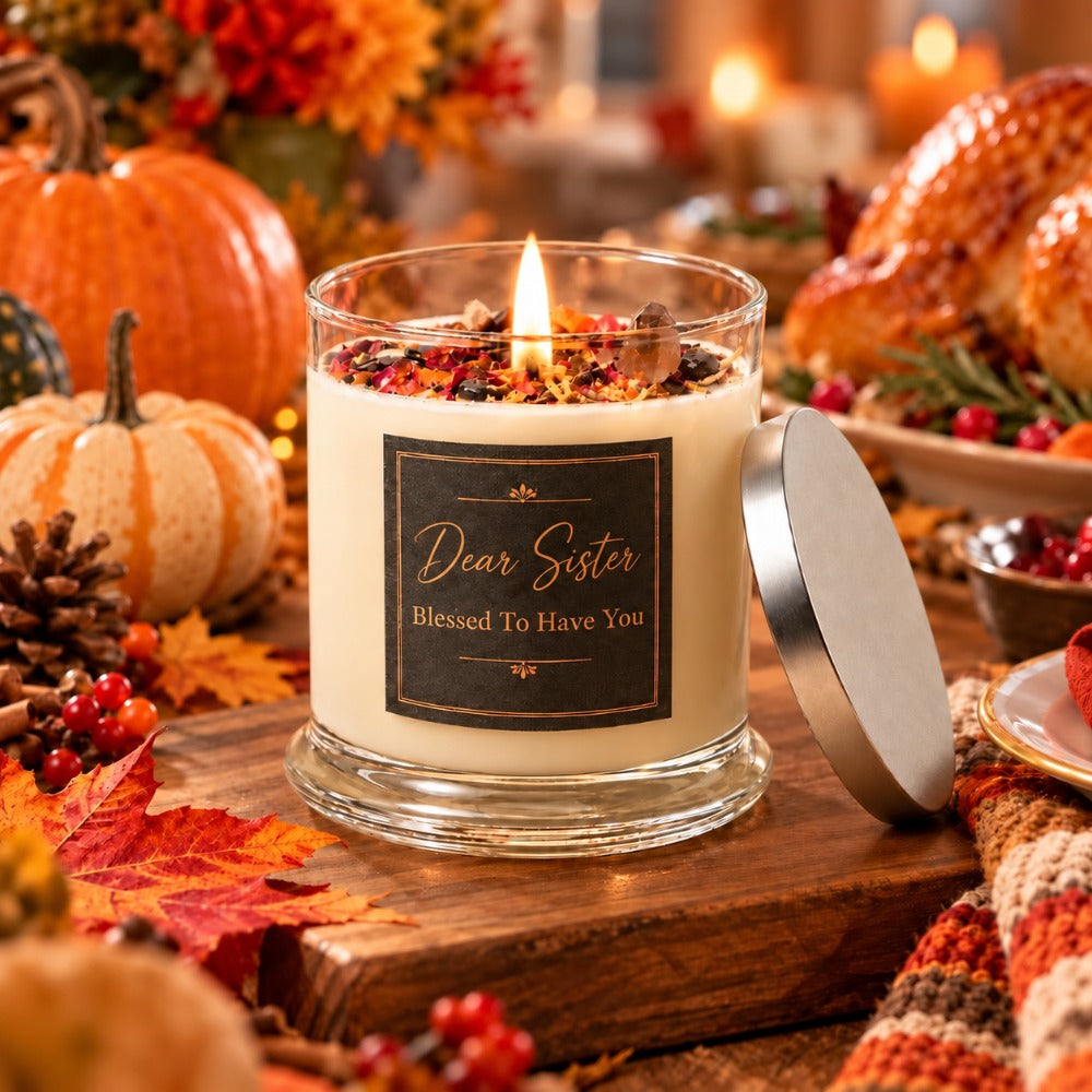 Handcrafted Thanksgiving Gratitude Ritual Candle | Spicy Woody Warm Scent, Crystal & Botanical Adorned for Cozy Holiday Ambiance
