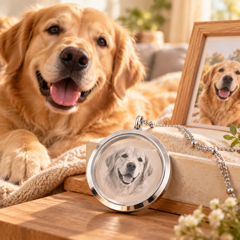 Custom Pet Hair Memorial Necklace with Engraved Portrait | Personalized Fur Keepsake Pendant | Pet Bereavement Gift for Women
