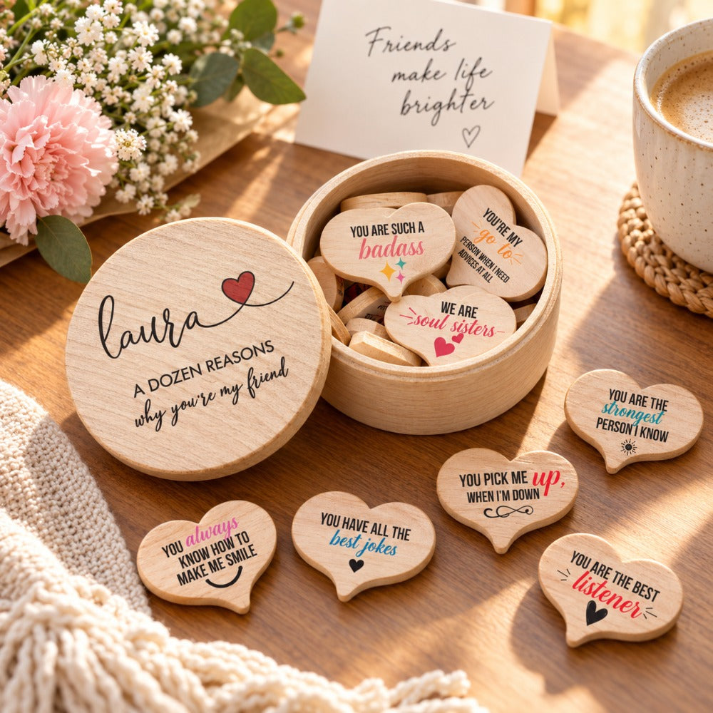 Personalized 12 Reasons Keepsake Box | Custom Wooden Heart Tokens Gift for All Loved Ones