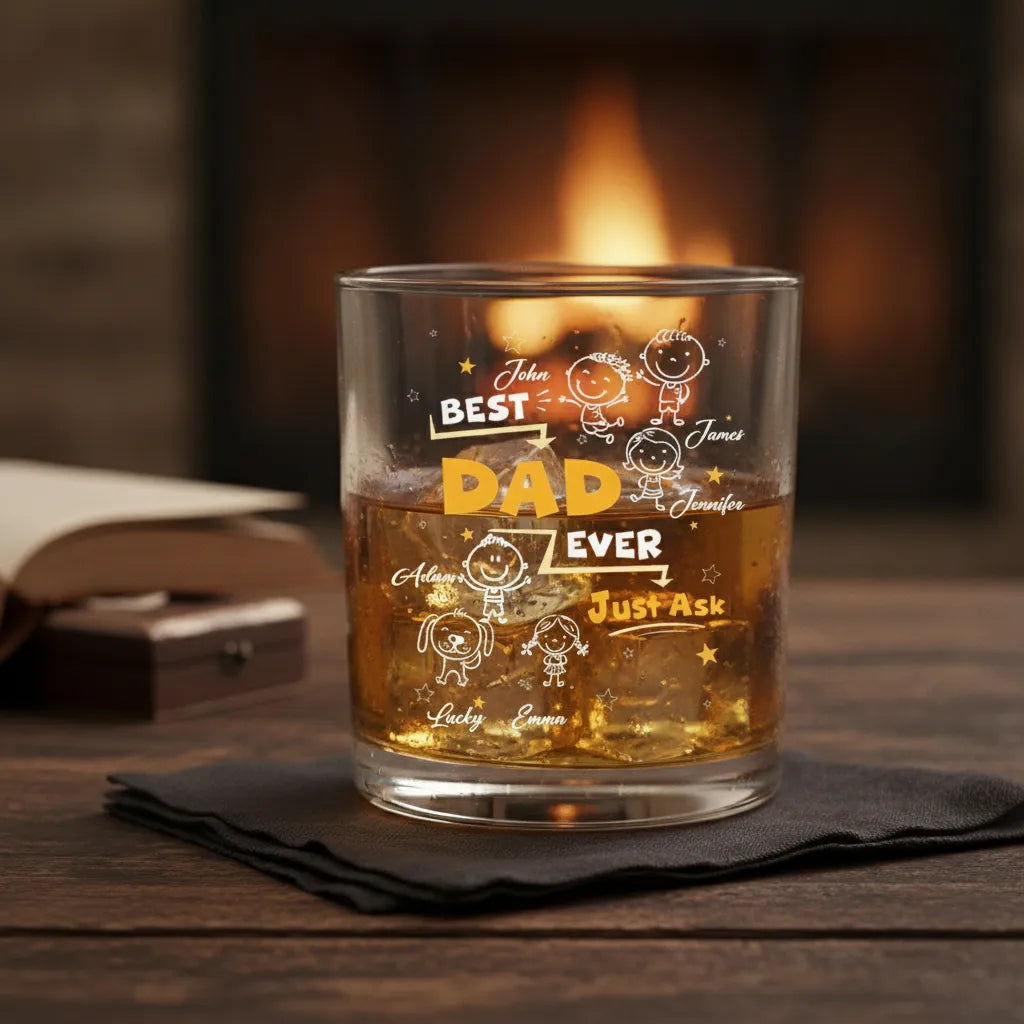 The Best Personalized Custom-Made Dad's Whisky Glass, Decorated With Children's Doodle Patterns. It Is A Creative Gift For Fathers, Grandfathers And Family Members