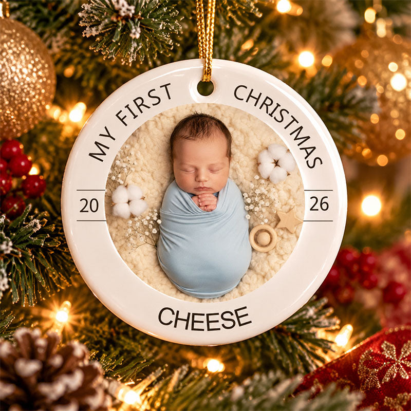 Baby's First Christmas Personalized Ceramic Photo Ornament, Custom Name and Year Keepsake for New Parents and Grandparents, Holiday Gift