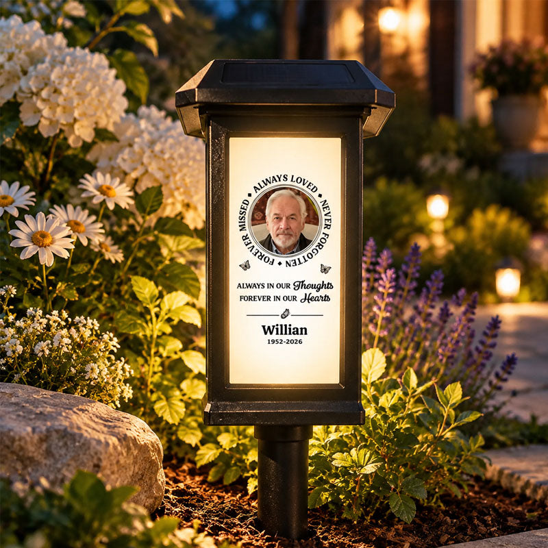 Personalized Solar Garden Memorial Lights, Engraved With Always Remembered, Custom Photo and Name, Sympathy Garden Decor, Meaningful Condolence Gift for Family and Friends