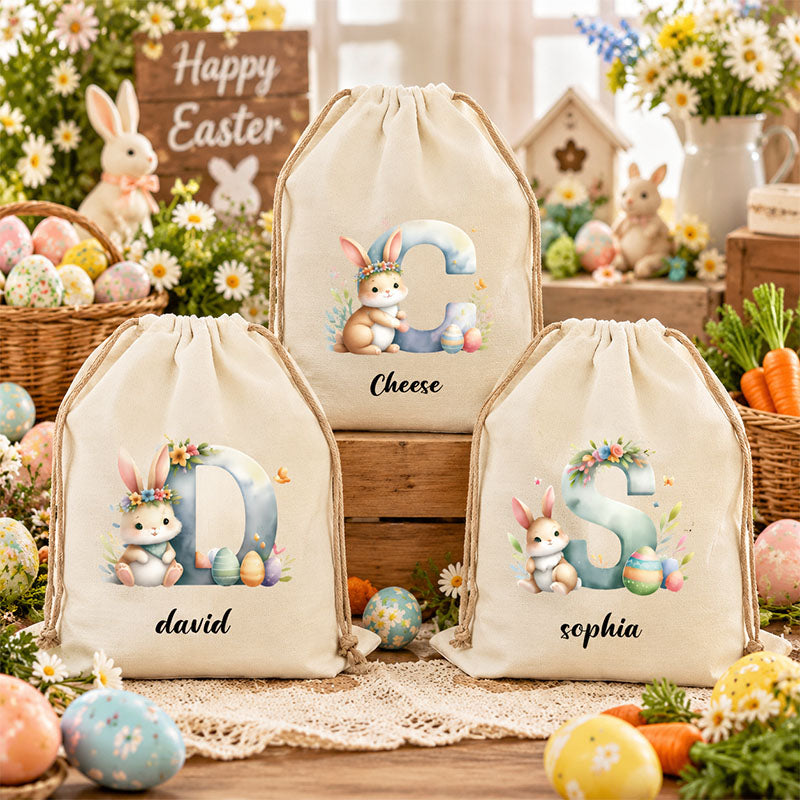 Personalized Easter Bunny Initial Drawstring Gift Bag, Custom Linen Pouch for Kids & Bridesmaids, Perfect for Easter & Wedding Favors