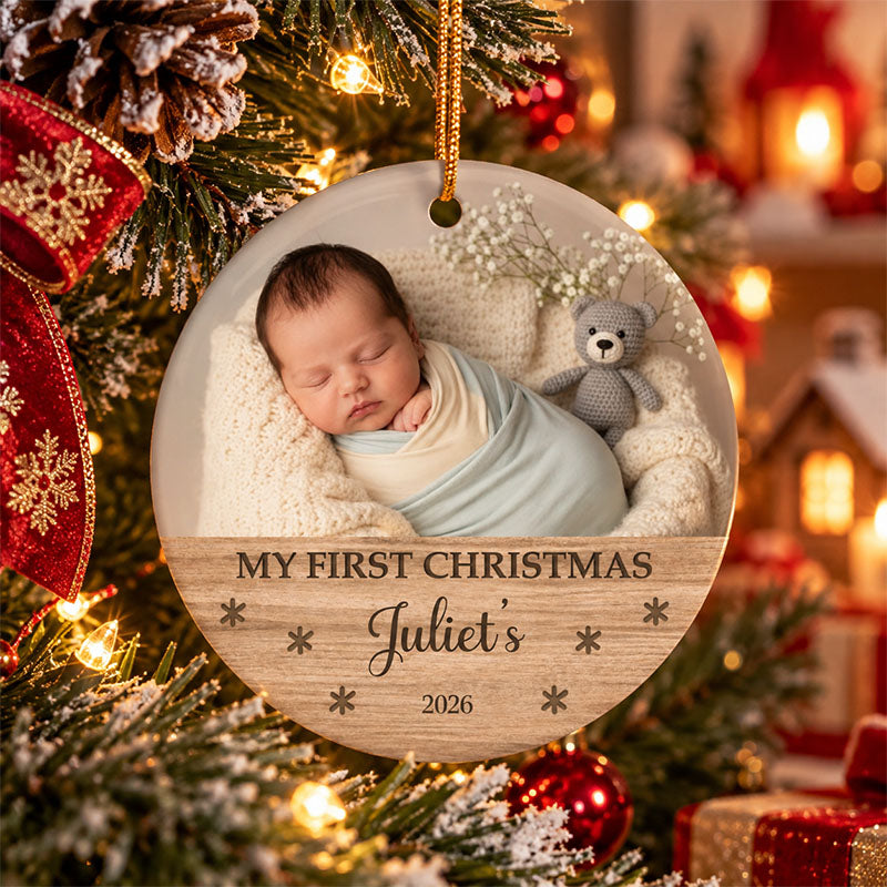 Round Ceramic Photo Ornament, Personalized Custom Baby Keepsake for New Parents First Christmas