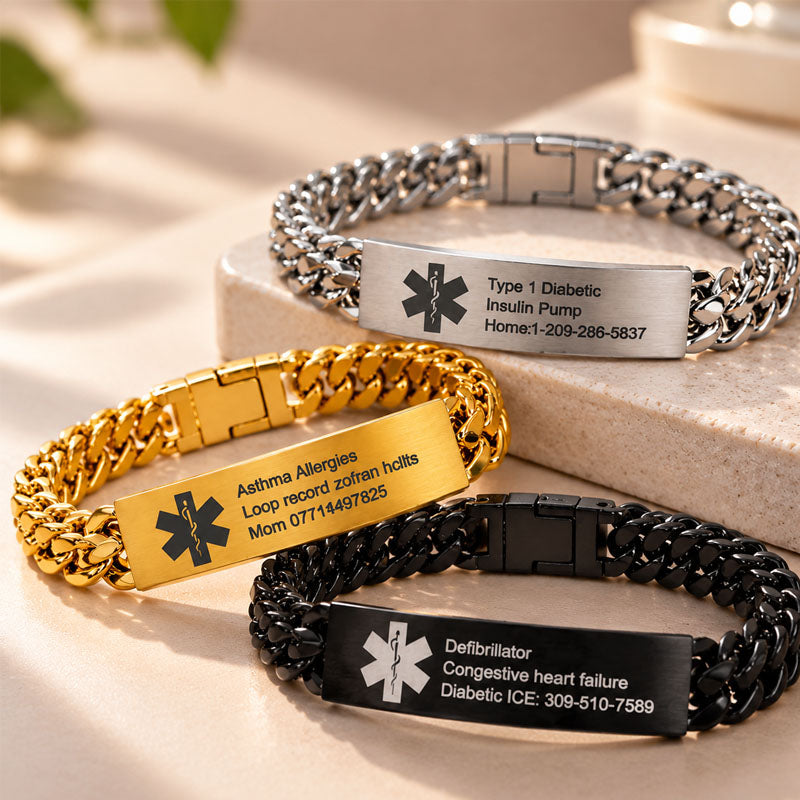Personalized Medical Emergency ID Bracelet for Men, Custom Engraved Text Alert Bracelet for Epilepsy, Diabetes and Allergy Patients