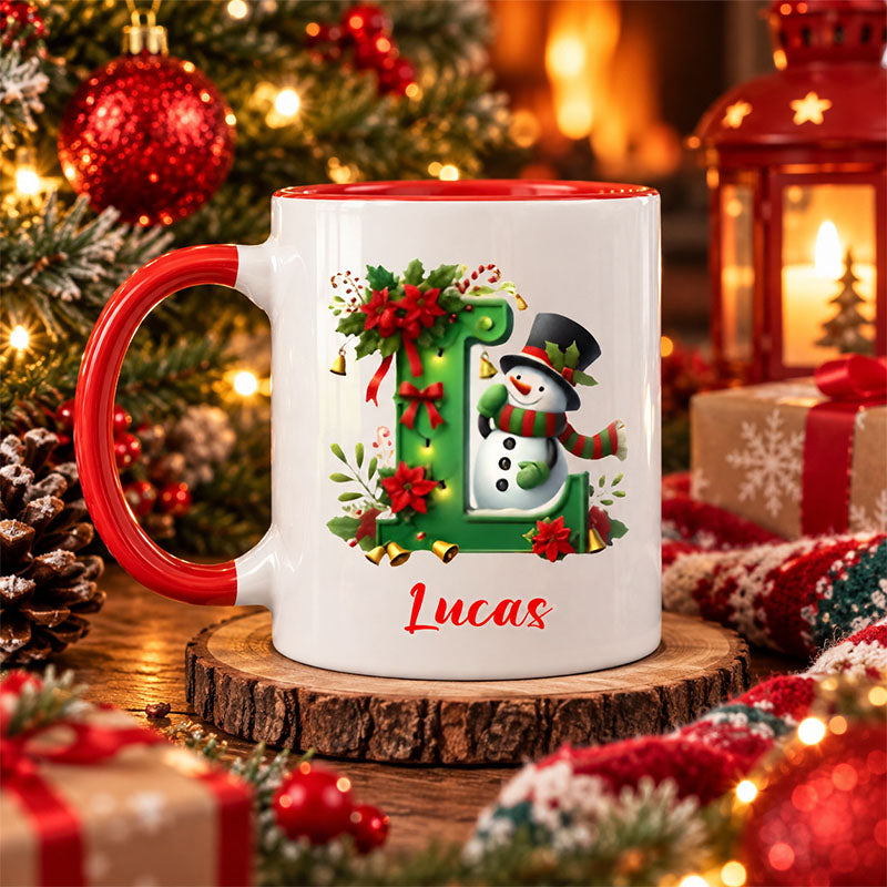 Christmas Snowman Initial Letter Personalized Custom Mug, Holiday Gift for Kids Family Friends.