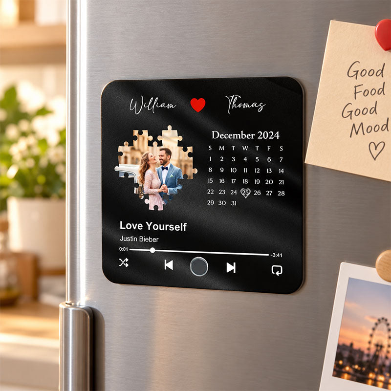 Custom Photo Music Calendar Acrylic Fridge Magnet, Personalized Couple Keepsake Gift for Anniversary, Valentine's Day, and Christmas