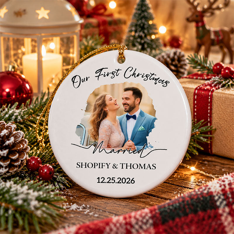 Personalized Photo Ceramic Ornament with Names and Date, Custom First Christmas Gift for Couples