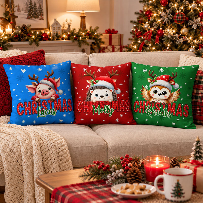 Personalized Christmas Animal Throw Pillow, Custom Name Cushion for Kids & Family, Festive Holiday Home Decor