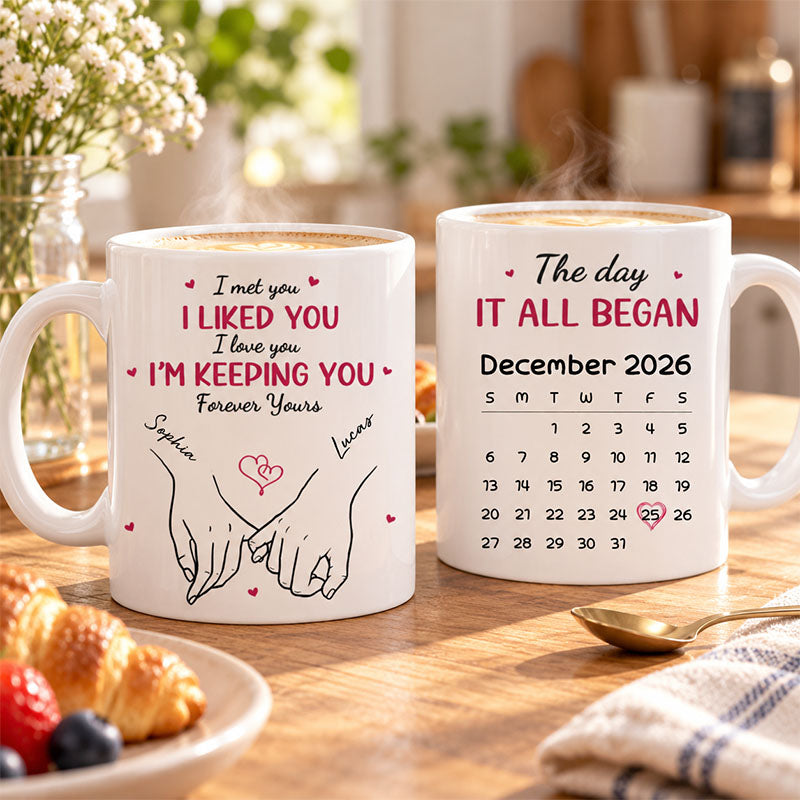 "Hand in Hand, Heart to Heart" Ceramic Mug – Personalized Anniversary or Wedding Gift for Him and Her – The Day It All Began