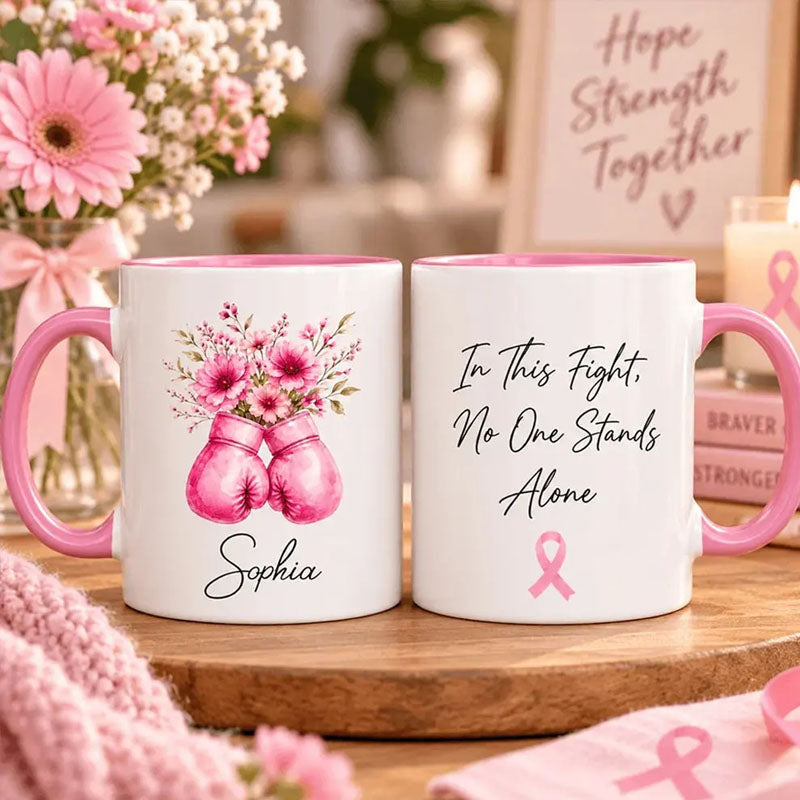 Personalized Pink Flower Two Tone Mug, Custom Cancer Support Keepsake for Women, Inspirational Survivor Themed Gift