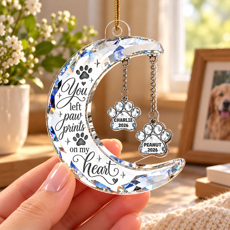 Personalized Acrylic Ornament, Faceted Moon & Paw Memorial on an Evergreen, Unique Gift for Pet Owners