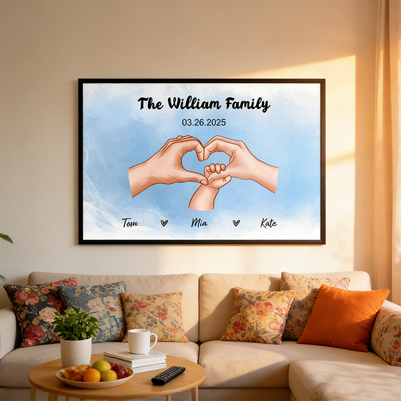 Personalized heart-shaped family decoration posters, with customizable backgrounds, skin tones, and fonts, perfect as a gift for new parents, anniversaries, or housewarming celebrations.