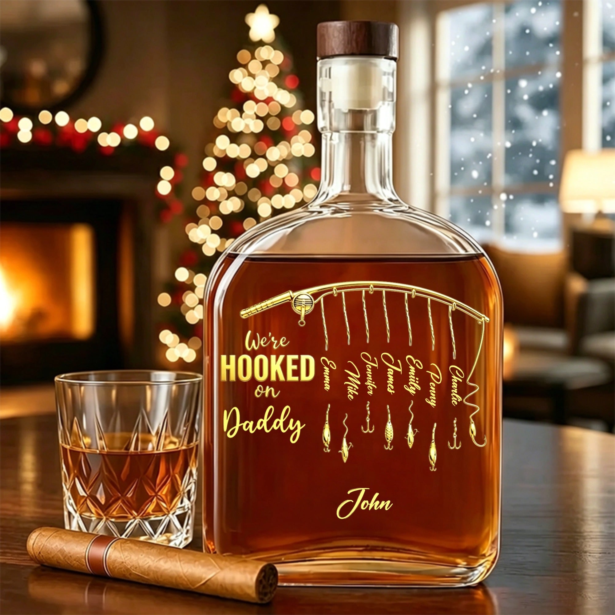 Personalized Custom-Made Whisky Bottle For A Child's Name, Decorated With A Fishing Rod Pattern, Is The Most Special Gift To Give To Dad Or Grandpa On Father's Day Or Birthday