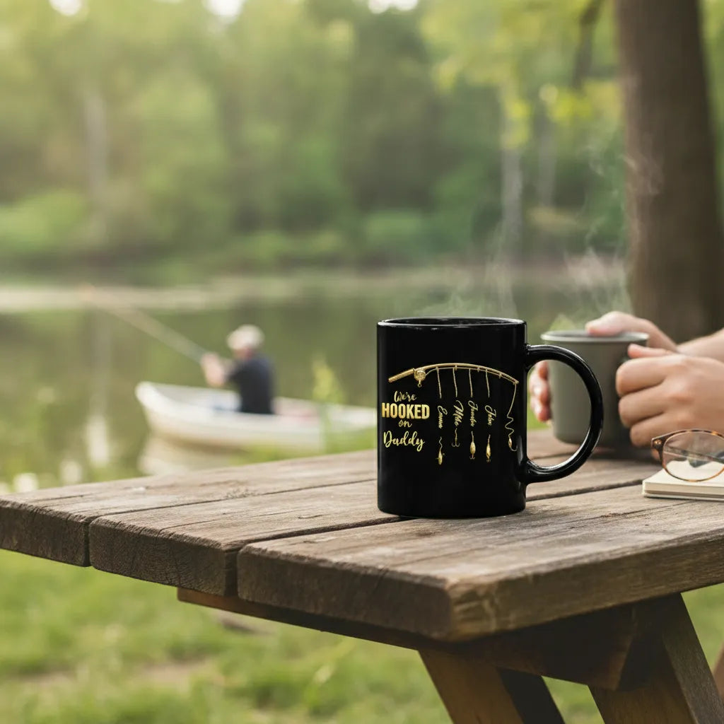 Personalized Custom Children's Name Mugs, Featuring A Fishing Rod Design, Are The Most Special Gifts To Give To Dads Or Grandfathers On Father's Day Or Birthdays