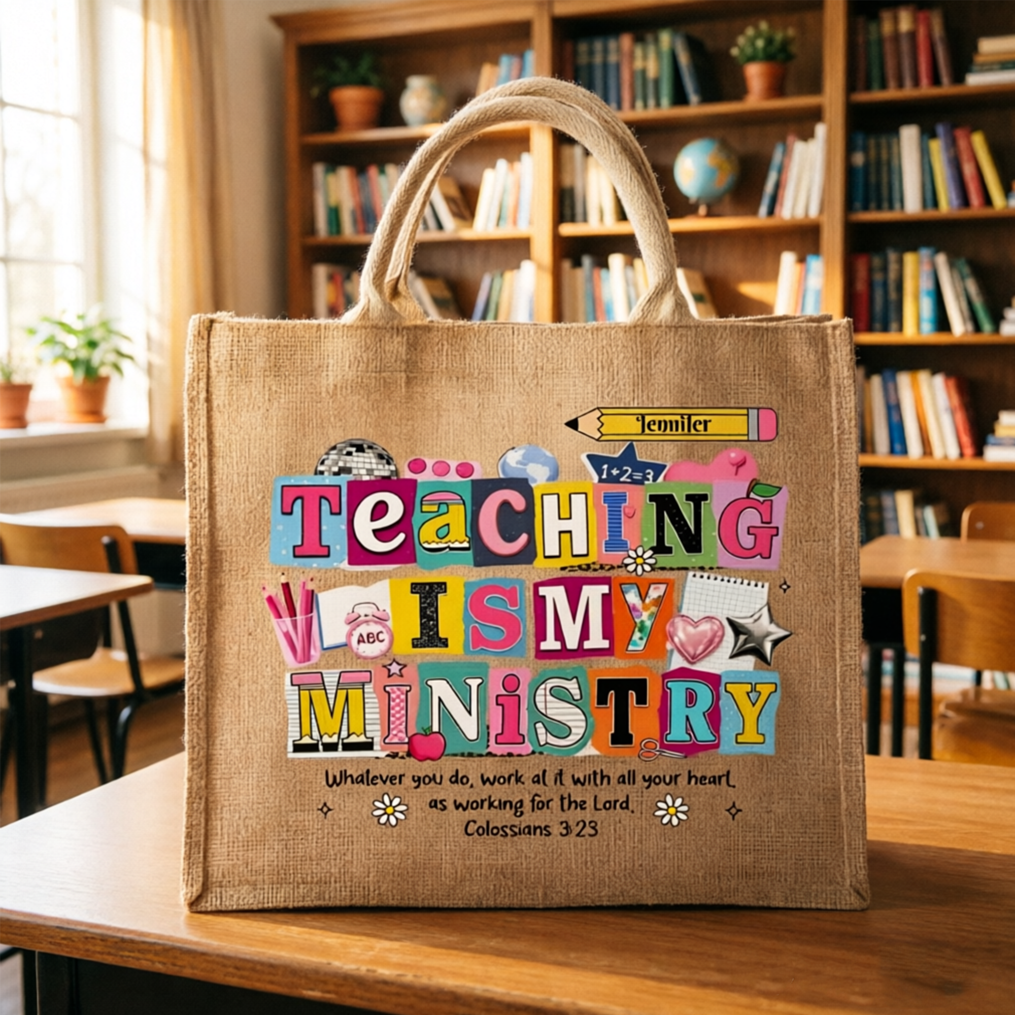 Custom Printed Tote Bag, Personalized Patterns and Bible Scripture Quotes, Thoughtful Back-To-School Teacher Gift