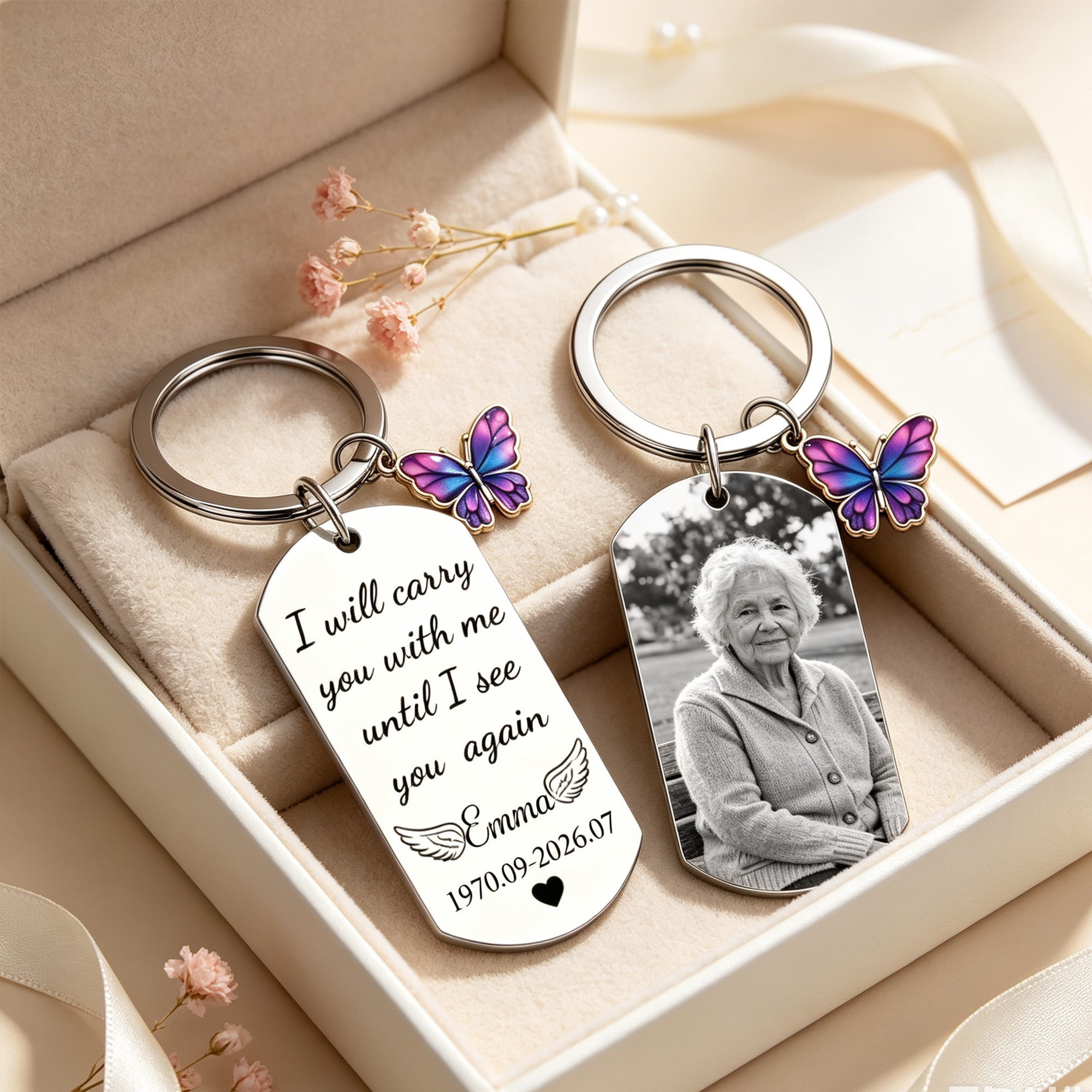 Personalized Butterfly Photo Pendant Keychain, Sentimental Memorial Keepsake Gift for Loss of Loved Ones