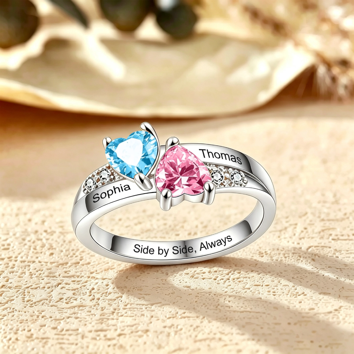 Personalized Double Heart Birthstone Ring Design, Custom Engraved Jewelry, The Perfect Gift For Your Loved Ones