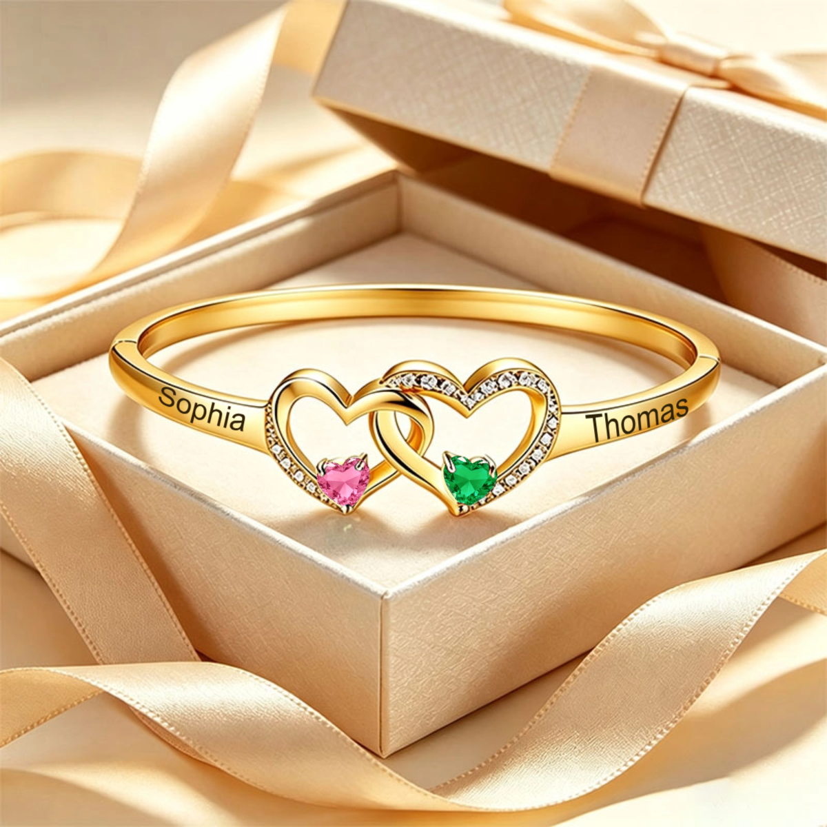 Personalized Double-Heart Birthstone Bracelet – Customizable Engraving and Zirconia Inlay; Perfect Birthday or Anniversary Gift for Her
