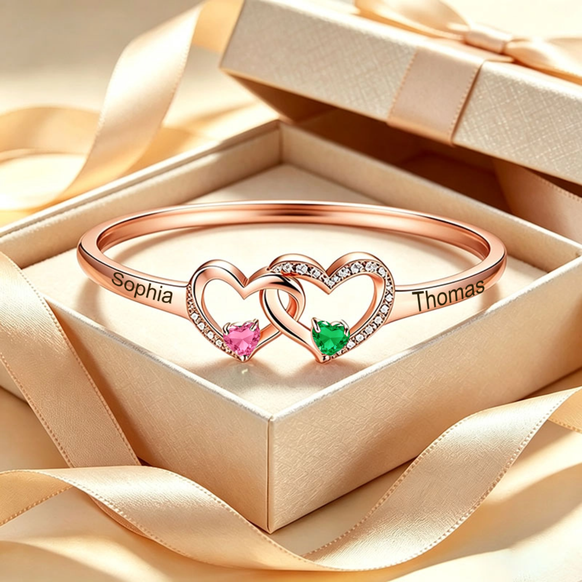 Personalized Double-Heart Birthstone Bracelet – Customizable Engraving and Zirconia Inlay; Perfect Birthday or Anniversary Gift for Her