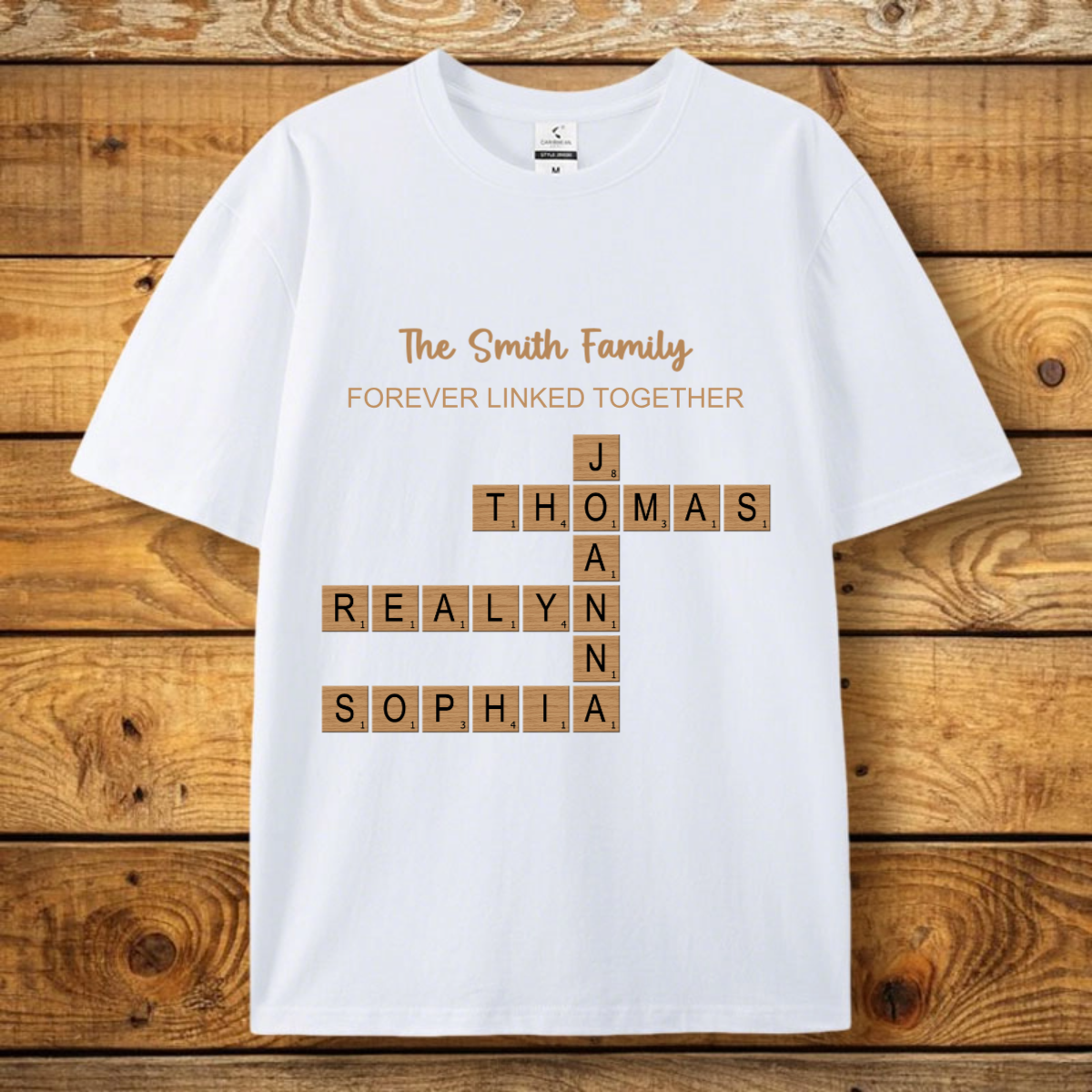 Personalized Names or Inside Words Turn into Forever Linked Crossword Art Cotton T-shirt - Custom with Text & Title, Gift for Siblings, Family & Any Beloved, Perfect for Reunions, Birthdays, Family Occasions or Just Because