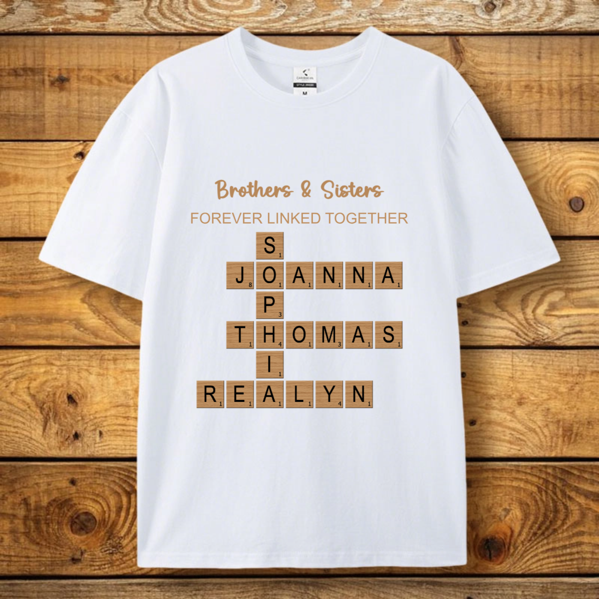Personalized Names or Inside Words Turn into Forever Linked Crossword Art Cotton T-shirt - Custom with Text & Title, Gift for Siblings, Family & Any Beloved, Perfect for Reunions, Birthdays, Family Occasions or Just Because