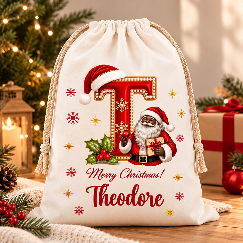 Personalized Merry Christmas Santa Claus Canvas Drawstring Gift Bag with Name and Initial Christmas Eve Party Gift for Kid