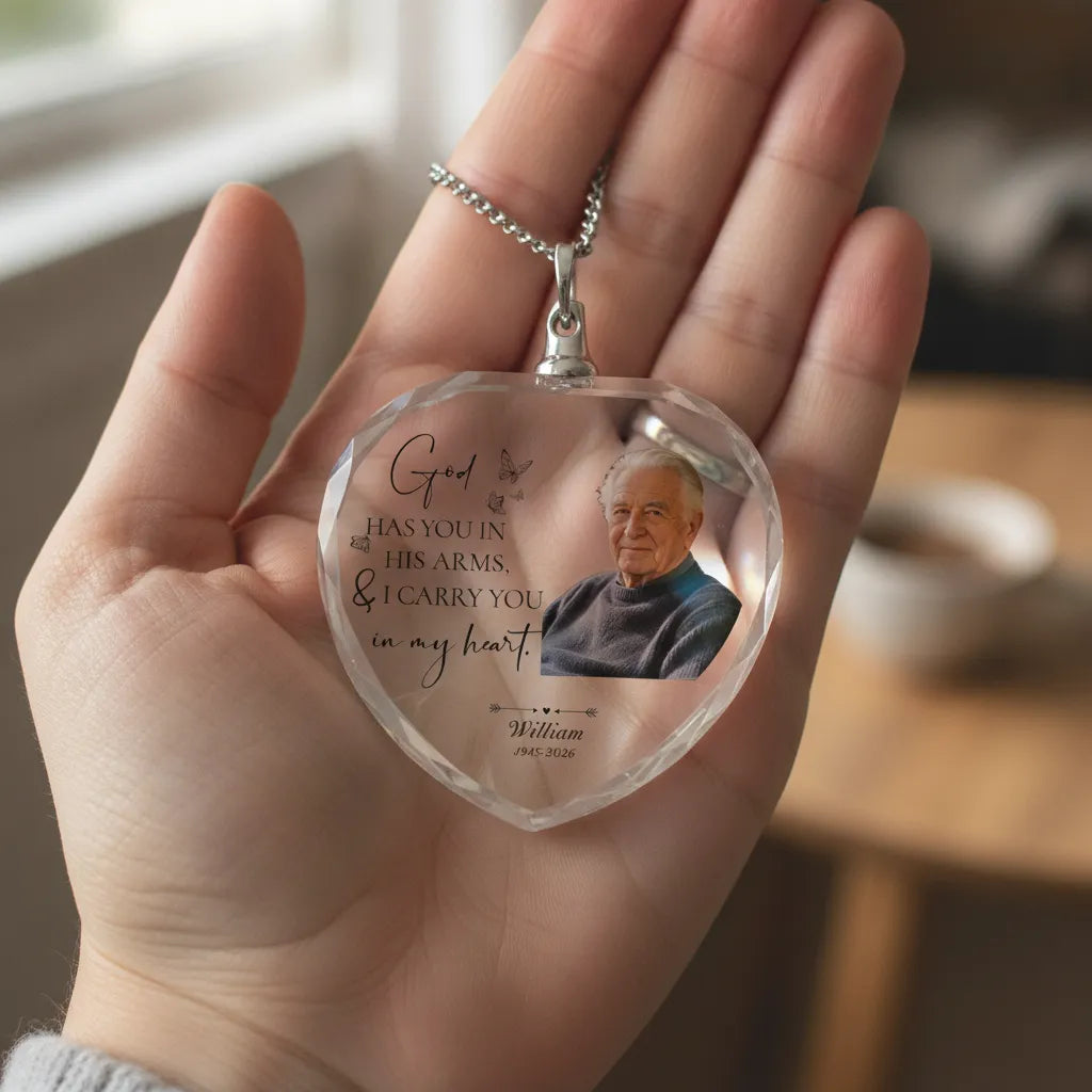 Custom Photo God Has You In His Arms, I Carry You In My Heart Memorial Necklace