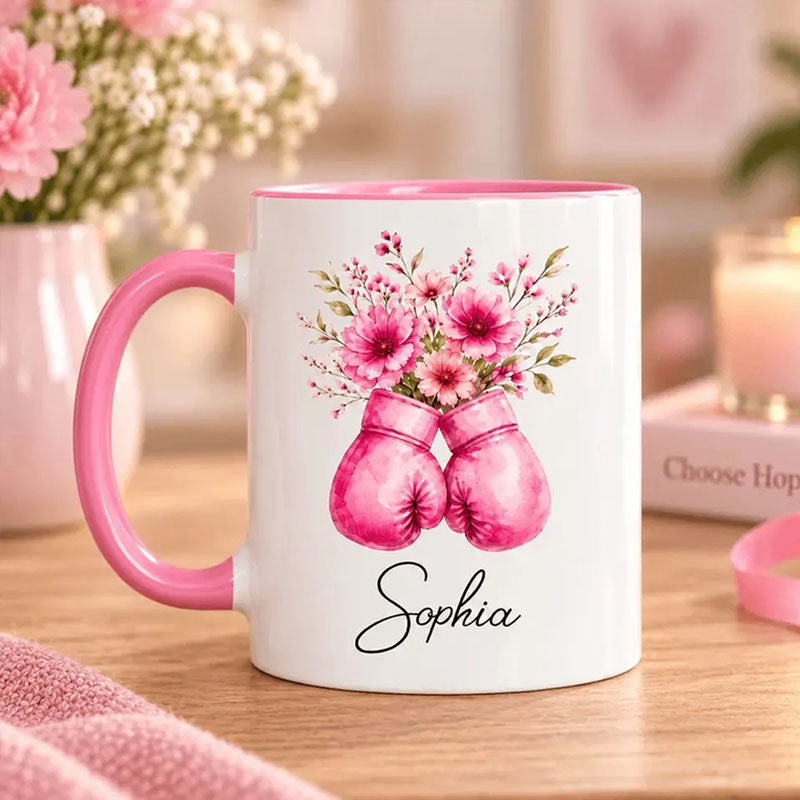 Personalized Pink Flower Two Tone Mug, Custom Cancer Support Keepsake for Women, Inspirational Survivor Themed Gift