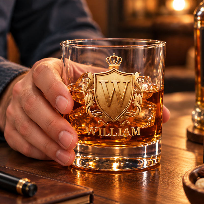 Personalized Whiskey Glass with Gold Emblem Accent, Classic Old Fashioned Cocktail Tumbler, Premium Birthday Gift for Men and Whisky Lovers