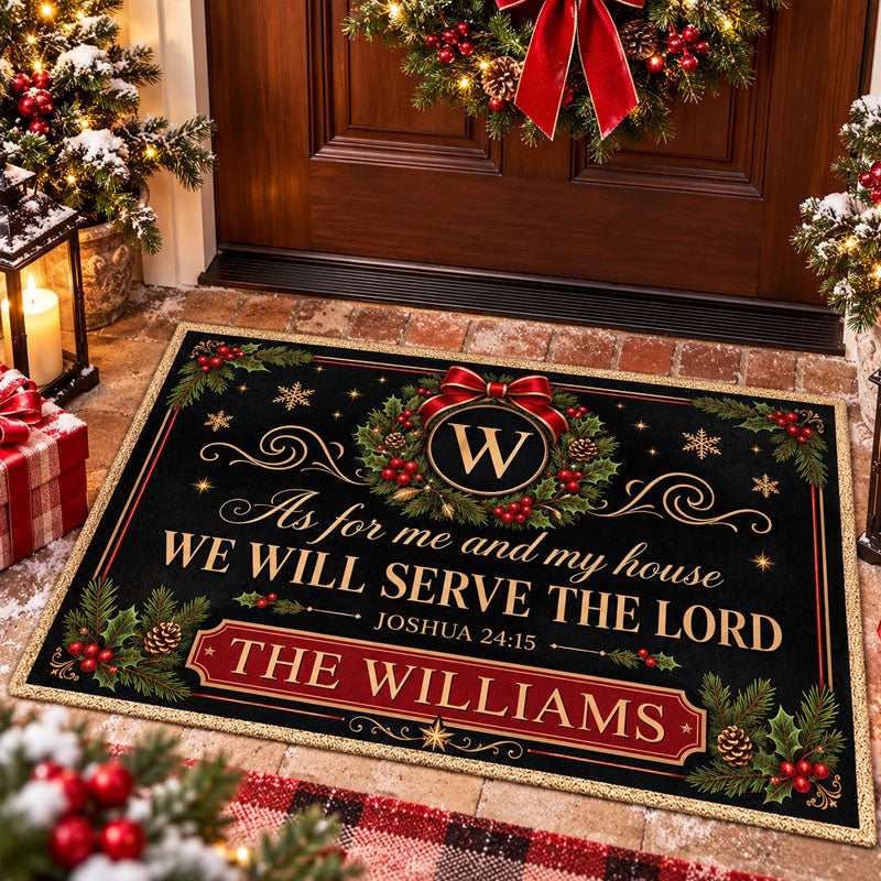 Custom We Will Serve the Lord Doormat, Christmas Front Door Decoration, Thoughtful Gift for Family