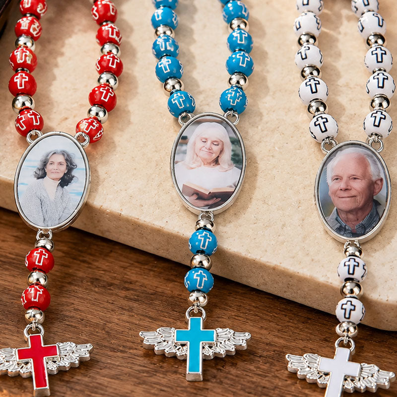 Personalized Cross Beaded Necklace with Angel Wing Cross Pendant, Meaningful Prayer Keepsake, Religious Memorial Gift