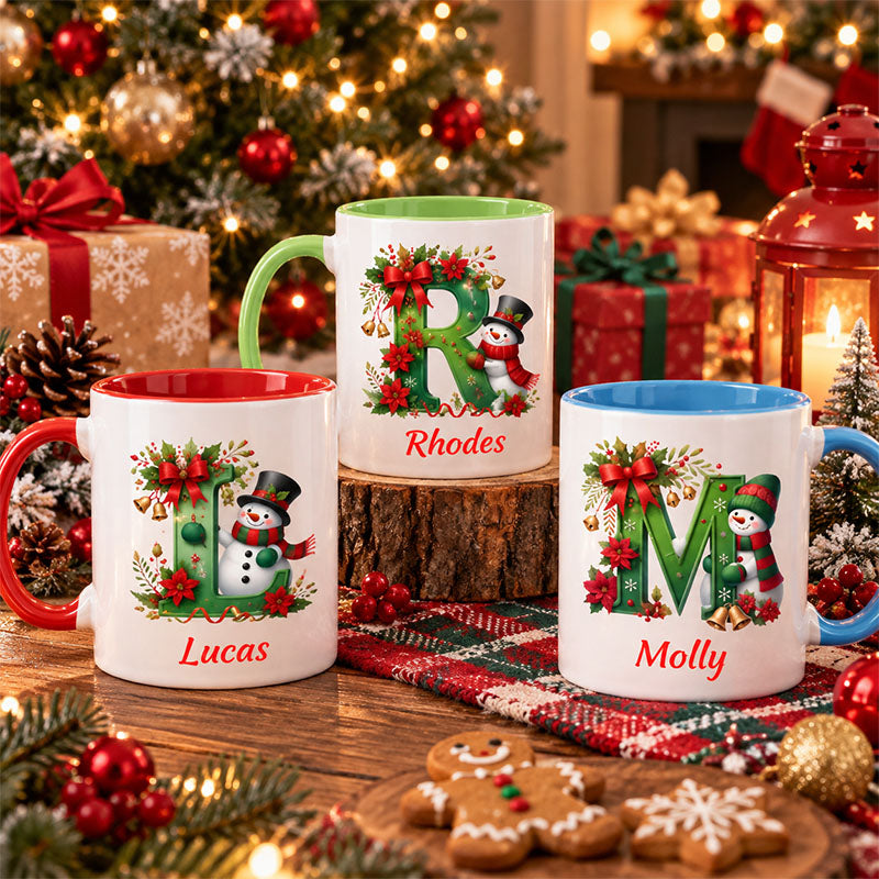 Christmas Snowman Initial Letter Personalized Custom Mug, Holiday Gift for Kids Family Friends.