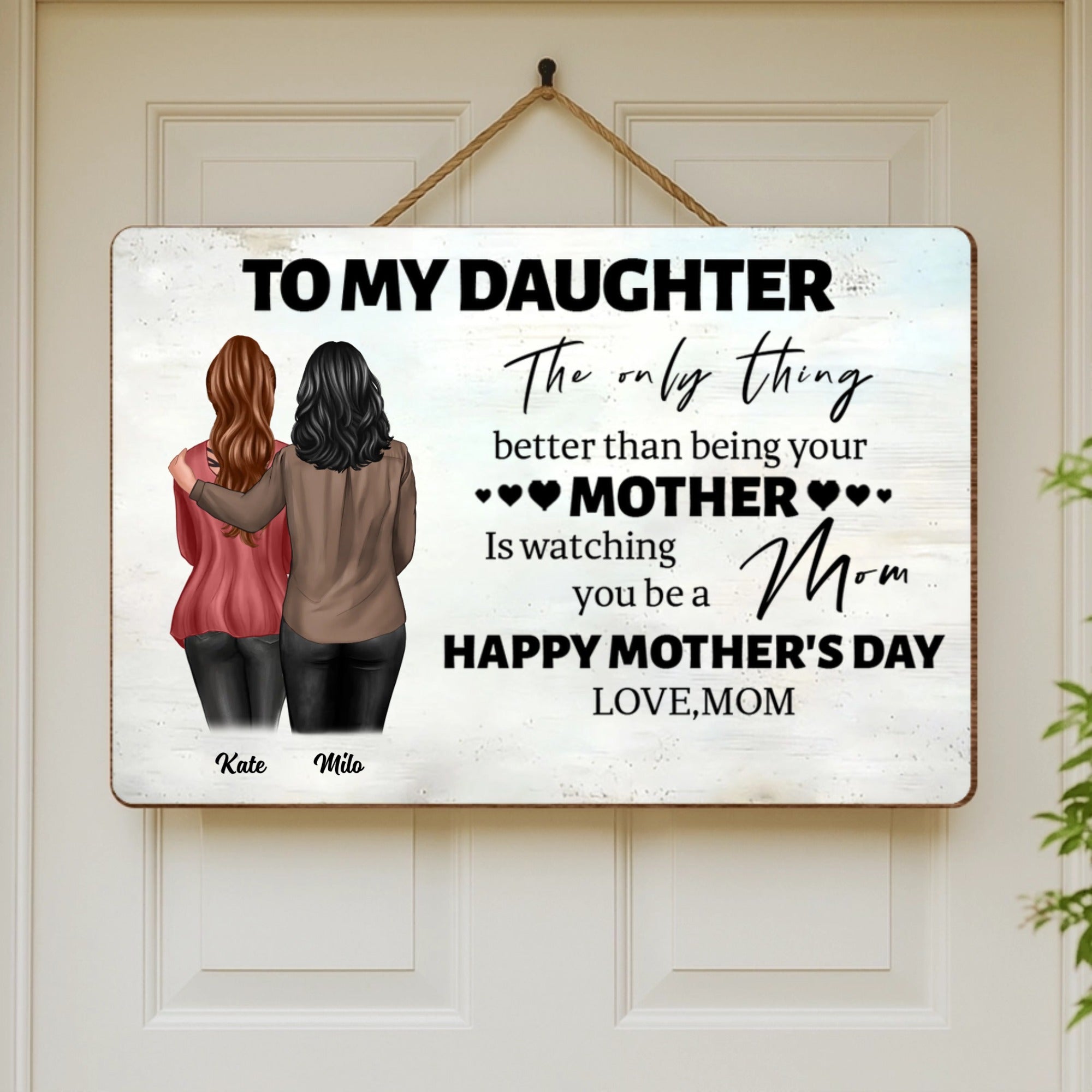 "To My Daughter..." Personalized Wooden Sign — Custom Cartoon Mother-Daughter Design — A Heartwarming Gift for Your Daughter — Wall Hanging Decor
