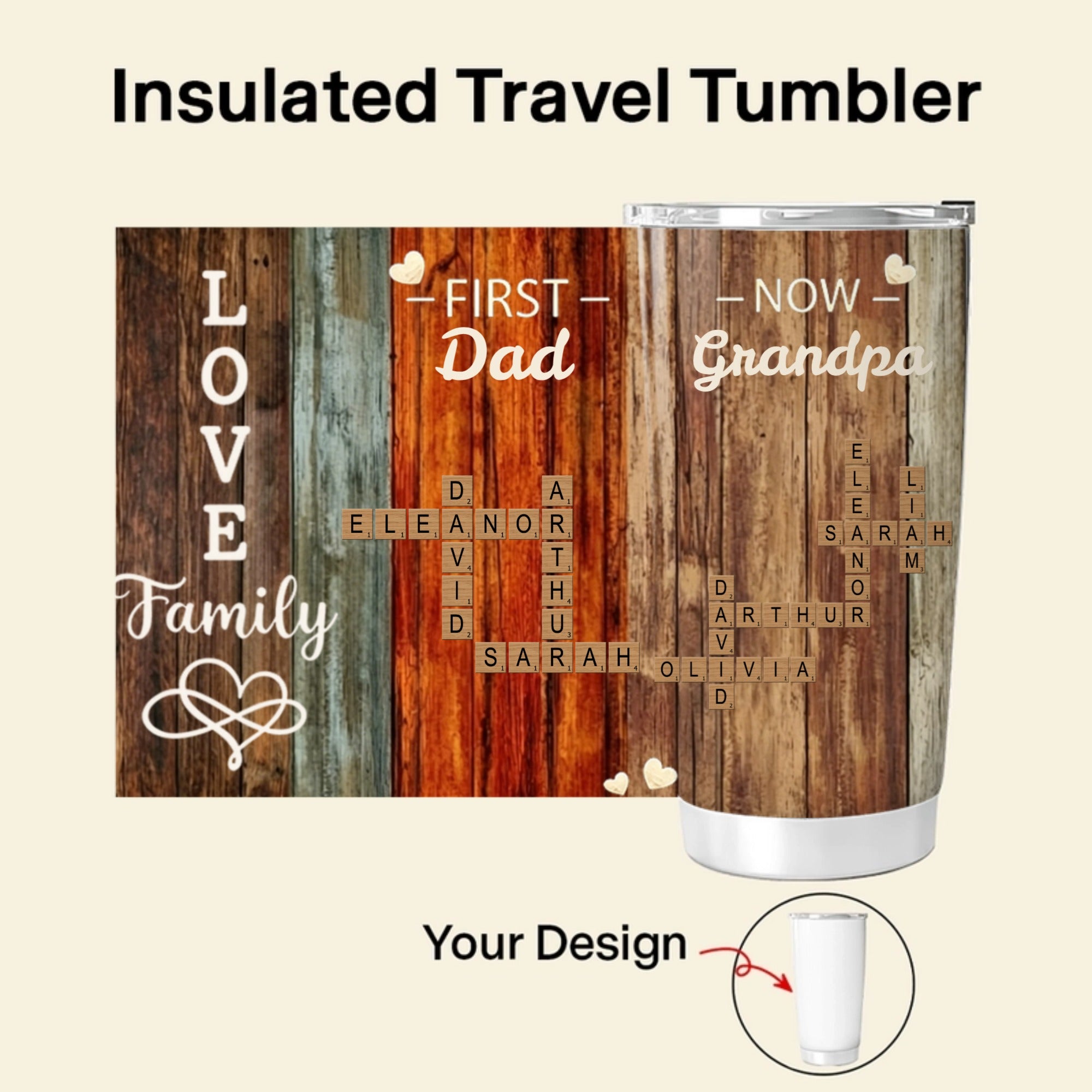 Personalized Customized Family Word Puzzle Game 20 oz Travel Thermos Cup, "First It Was Dad, Now It's Grandpa", Allows Customization Of Family Names, Making It A Special Gift For Family Members And Friends