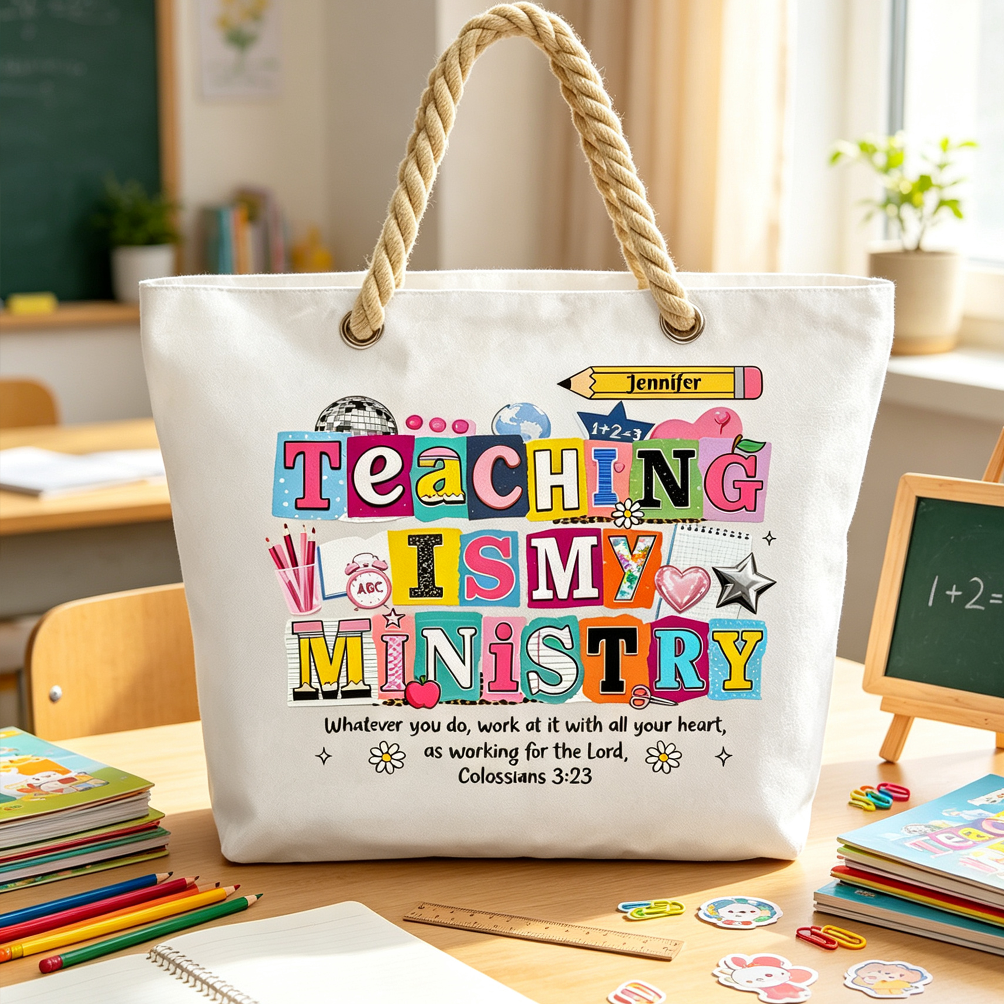 Personalized Beach Tote Bag with Custom Designs & Bible Verses, Creative Inspirational Back-To-School Gift for Teachers