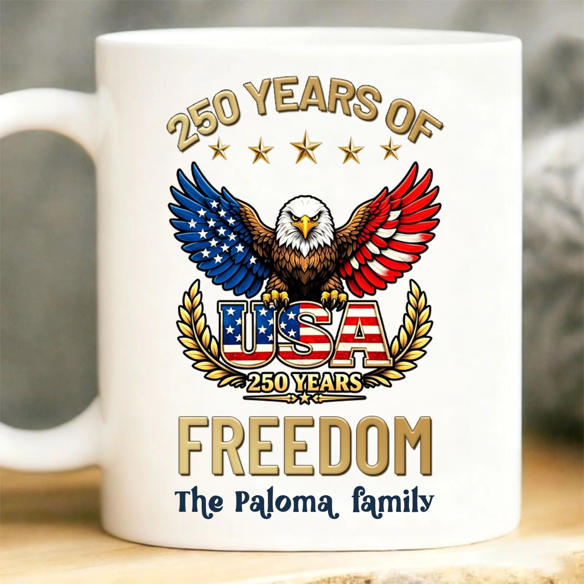 250 Years of USA Freedom, Custom Personalized Ceramic Mug with American Flag Eagle Design & Family Name, Ideal for Patriotic Families, Great for Independence Day & Home Gatherings
