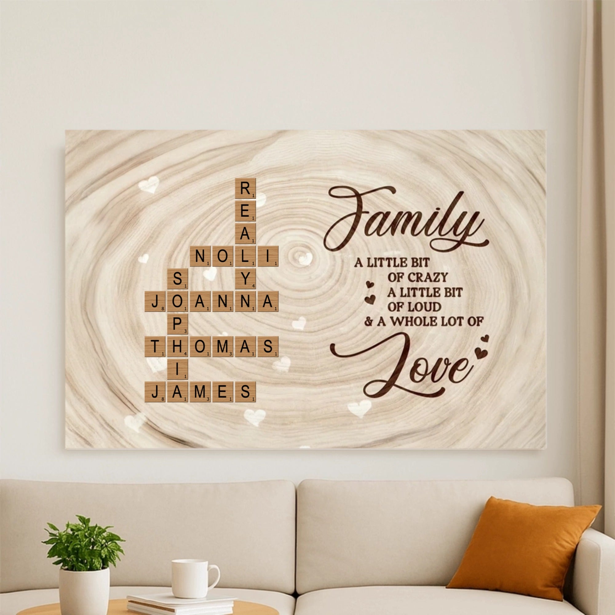 Personalized Family Crossword Poster Wall Art, Rustic Wood Look, Unique Gift for Mom, Dad & Family for a Whole Lot of Love